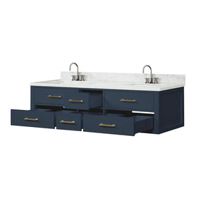 English Elm Blue Double Bath Vanity 72" W X 22" D With Luxurious Carrara Marble Top & Soft-Close Faucet Set B2731P258074