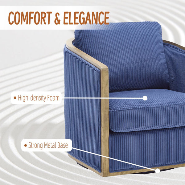 English Elm Corduroy Swivel Barrel Chair with Sturdy Hardwood Frame & Metal 360° Base, Plush Foam Seat, 300lb Capacity Navy W395P220273