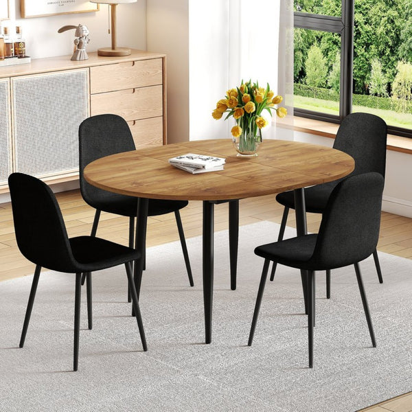 English Elm Table Modern Extendable Dining Set With 4 Black Linen-Cotton Chairs For Stylish Gatherings & Comfort W1151S04141-GIGA