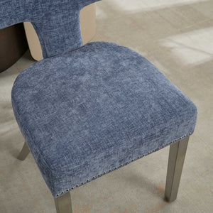 English Elm Mid Century Modern Dining Chairs with Copper Nail Trim, Plush High-Density Foam Seats, Brushed Steel Legs Blue W1143P314901