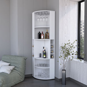 English Elm Clifton Corner Bar Cabinet with Wine Rack Cup Hanger and Five Open Storage Shelves B128S00229