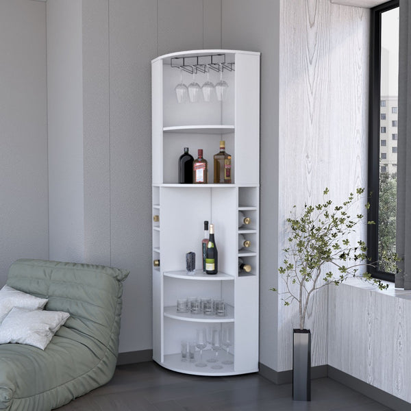 English Elm Clifton Corner Bar Cabinet with Wine Rack Cup Hanger and Five Open Storage Shelves B128S00229