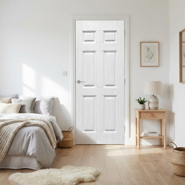 English Elm 30 in White Textured 6-panel Hollow Core Mdf Interior Door Slab Reversible Swing B2763P486362