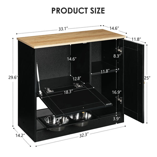 English Elm Feeding Station Cabinet with Rattan Door Elevated Bowls and Hooks for Tidy Pet Care W1687P246775