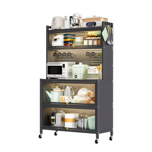 English Elm 64" 5-Tier Kitchen Pantry Cabinet on Wheels with Transparent Flip Doors, DIY Pegboard, Heavy-Duty Metal Storage Rack W3204P300624
