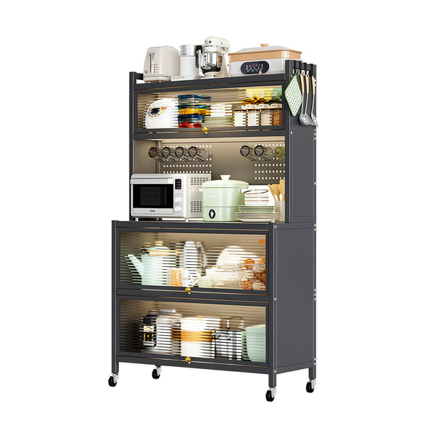 English Elm 64" 5-Tier Kitchen Pantry Cabinet on Wheels with Transparent Flip Doors, DIY Pegboard, Heavy-Duty Metal Storage Rack W3204P300624