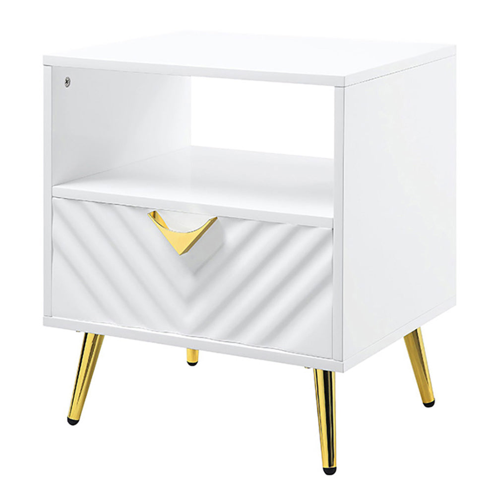 English Elm White High Gloss Modern End Table with Drawer & Open Shelf, Metal Legs, Smooth 2/3 Extension Glide (White) B062P189207