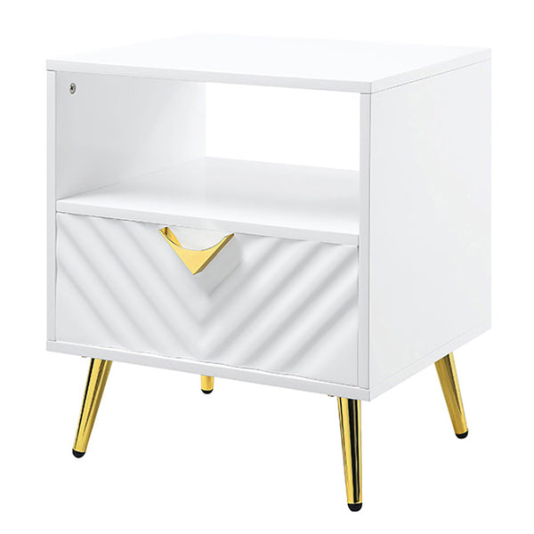 English Elm White High Gloss Modern End Table with Drawer & Open Shelf, Metal Legs, Smooth 2/3 Extension Glide (White) B062P189207
