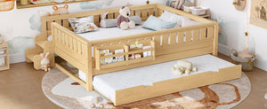English Elm Queen Bunk Bed with Trundle Solid Pine Kids Car Themed Frame Built-in Bookshelf Light Natural W1580S00563