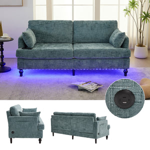 English Elm Modern chenille 2-seater sofa with LED lighting, USB charging, storage pocket, sturdy wood legs Lake Blue W395P318545