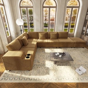 English Elm 110.2" Corduroy Sectional Sleeper Sofa with Ottoman Usb Ports Storage Armrests Living Room Camel W3219S00015