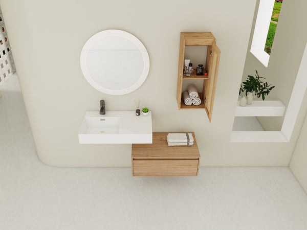 English Elm 30 Inch Wall-Mounted Bathroom Vanity With Soft-Close Drawer & Resin Sink, Space-Saving Design W999S00348