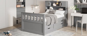 English Elm Twin Captain Platform Bed Frame with Built-In Bookcase, Four Drawers & Slat Support for Storage Gray GX001828AAE