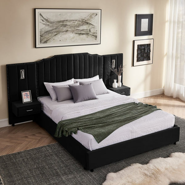 English Elm Queen Velvet Platform Bed with Tufted Headboard Integrated Nightstands and Striped Design Black W487S00441