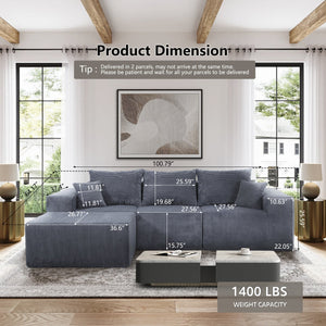 English Elm 4-Piece Modular L-Shaped Sectional Sofa with Corduroy Upholstery, Convertible Chaise, Pillows Included Grey W3163S00037