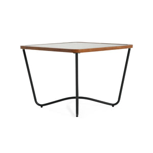 English Elm Modern Square Glass Top Coffee Table with Geometric Pattern and Black Metal Frame N770P197539B