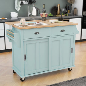 English Elm Kitchen Cart with Drop-Leaf Rubberwood Countertop, Sliding Barn Door, Locking Wheels & Storage Space Mint Green SK000001AAE