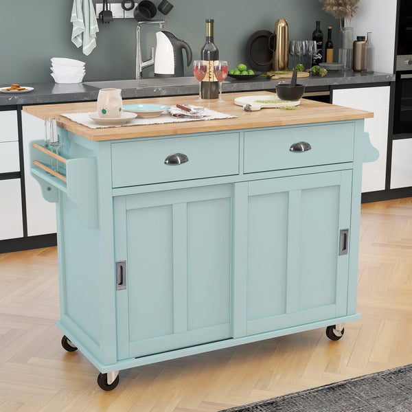English Elm Kitchen Cart with Drop-Leaf Rubberwood Countertop, Sliding Barn Door, Locking Wheels & Storage Space Mint Green SK000001AAE