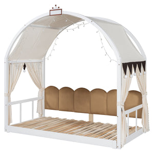 English Elm Twin Pinewood Ground-Level Canopy Bed with Arched Roof and Trundle for Kids—Whimsical, Sturdy Design White N820P181648K