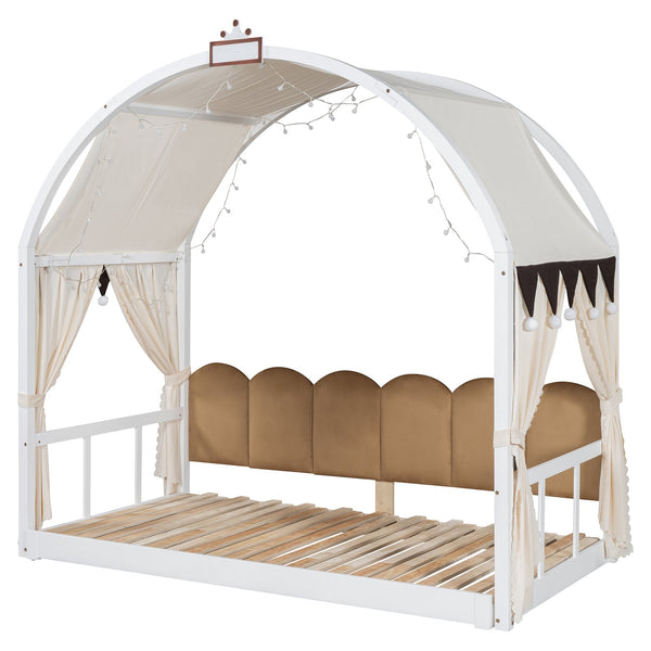English Elm Twin Pinewood Ground-Level Canopy Bed with Arched Roof and Trundle for Kids—Whimsical, Sturdy Design White N820P181648K