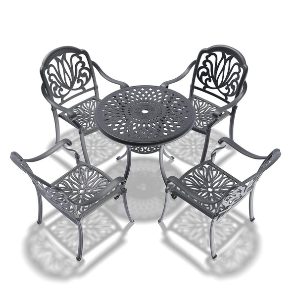 English Elm 5-Piece Elegant Cast Aluminum Patio Furniture Set With Brown Cushions For Outdoor Relaxation & Style W1710S00044