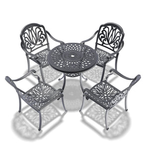 English Elm 5-piece Cast Aluminum Outdoor Dining Set with Ornate Relief Patterns and All-weather Cushions W1710S00539