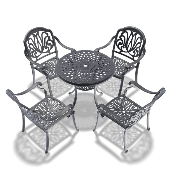 English Elm 5-piece Cast Aluminum Outdoor Dining Set with Ornate Relief Patterns and All-weather Cushions W1710S00539