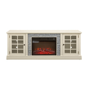 English Elm 70" Modern TV Stand with 23" Electric Fireplace, Faux Stone Mantel, Ample Storage & Cable Management White W2275S00022