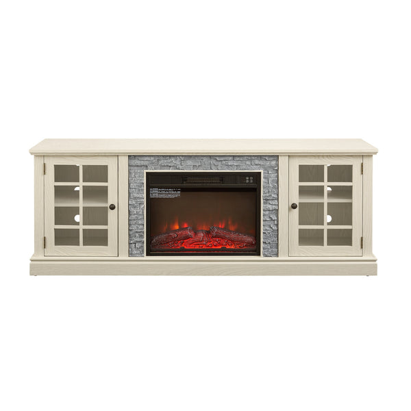 English Elm 70" Modern TV Stand with 23" Electric Fireplace, Faux Stone Mantel, Ample Storage & Cable Management White W2275S00022