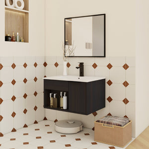 English Elm 24" Wall Mounted Bathroom Vanity Dark Oak Open Shelf Ceramic Sink Soft Close Door W3450P435828