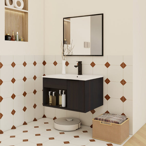 English Elm 24" Wall Mounted Bathroom Vanity Dark Oak Open Shelf Ceramic Sink Soft Close Door W3450P435828