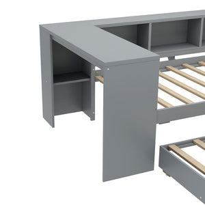 English Elm Twin Size Daybed With Trundle And Desk, Stylish Wood Frame With Storage Drawers And Shelves, Gray W1580S00204-GIGA