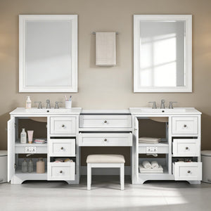 English Elm 84" Double Sink Vanity with Stone Countertop Six Soft Close Drawers and Silver Knobs White N817P404196W
