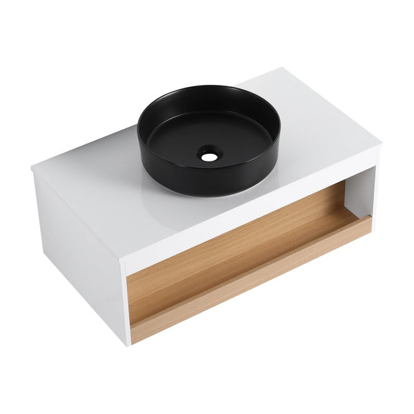 English Elm 36" Floating Bathroom Vanity Light Oak Modular Cabinet with Gel Coat Integrated Sink Black,White + Light Oak W3450S00062