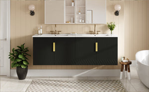 English Elm 60" Vintage Bathroom Vanity with Ceramic Sink Wall-Mount Modern Striped Design Durable MDF Wood Finish Black N710SS00010B