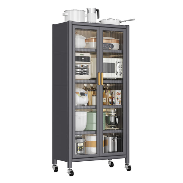 English Elm Open-door Vertical Kitchen Storage Cabinet with Microwave Shelf, Bakers Rack, 250KG Capacity Wheels Grey W509P164655