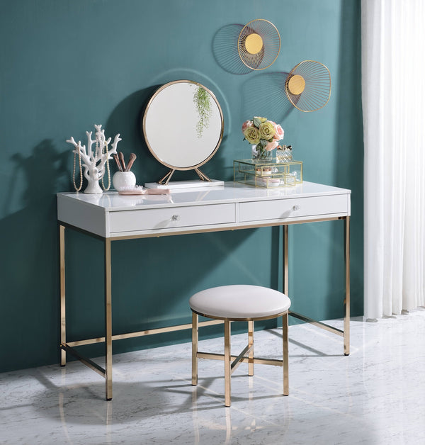 English Elm Ottey Gloss White Vanity Desk with Gold Metal Legs, 2 Drawers, High-Gloss MDF Top, Contemporary Design B2726P315732