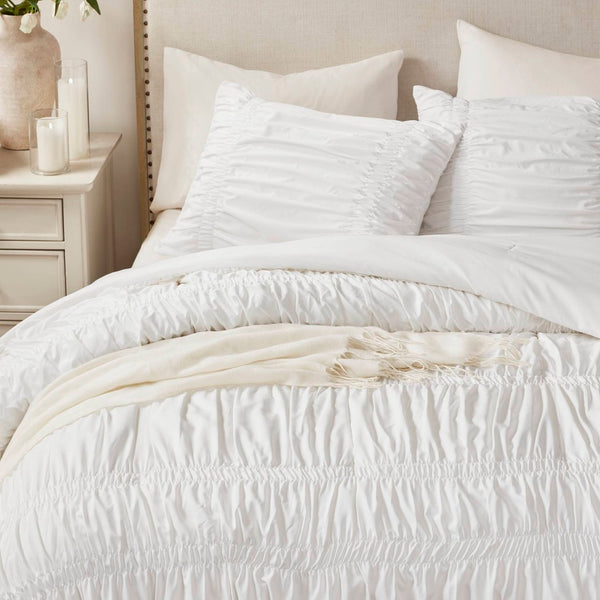 English Elm 2pcs Shabby Chic Ruched Comforter Set Bow Trim Brushed Polyester Fill Romantic Bedroom White B035P341082