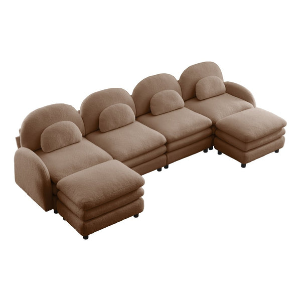 English Elm Teddy Fleece Curved Modular Sectional Sofa with Movable Ottomans for Cozy Living Rooms Camel W5656S00109