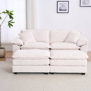 English Elm Corduroy Plush 2-Seat Sofa with 2 Back Cushions, Toss Pillows & Ottomans — Deep Seat Comfort White W2363S00062