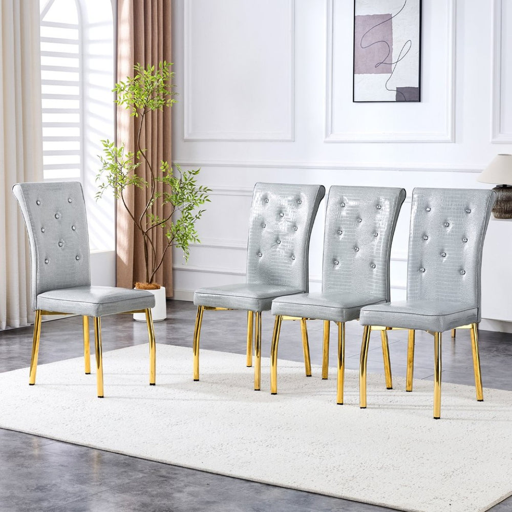 English Elm A Set of 2 Crystal Button Faux Leather Dining Chairs with Embossed Croc Texture Gold,Gray W3226P344058