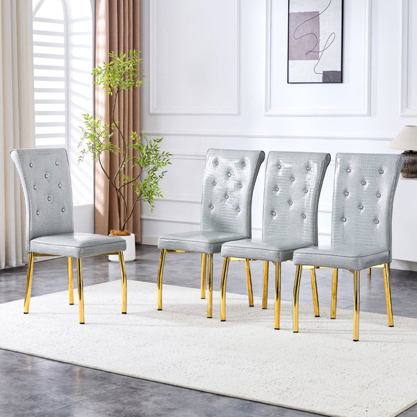 English Elm A Set of 2 Crystal Button Faux Leather Dining Chairs with Embossed Croc Texture Gold,Gray W3226P344058