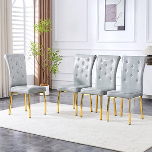 English Elm A Set of 2 Crystal Button Faux Leather Dining Chairs with Embossed Croc Texture Gold,Gray W3226P340256