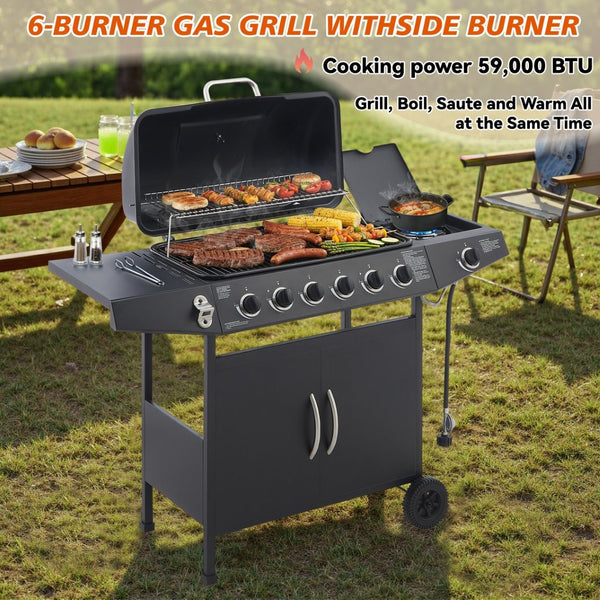 English Elm 6 Burner Propane Gas Grill with Cast Iron Grates Side and 59000 Btu Outdoor Power W1820P341741