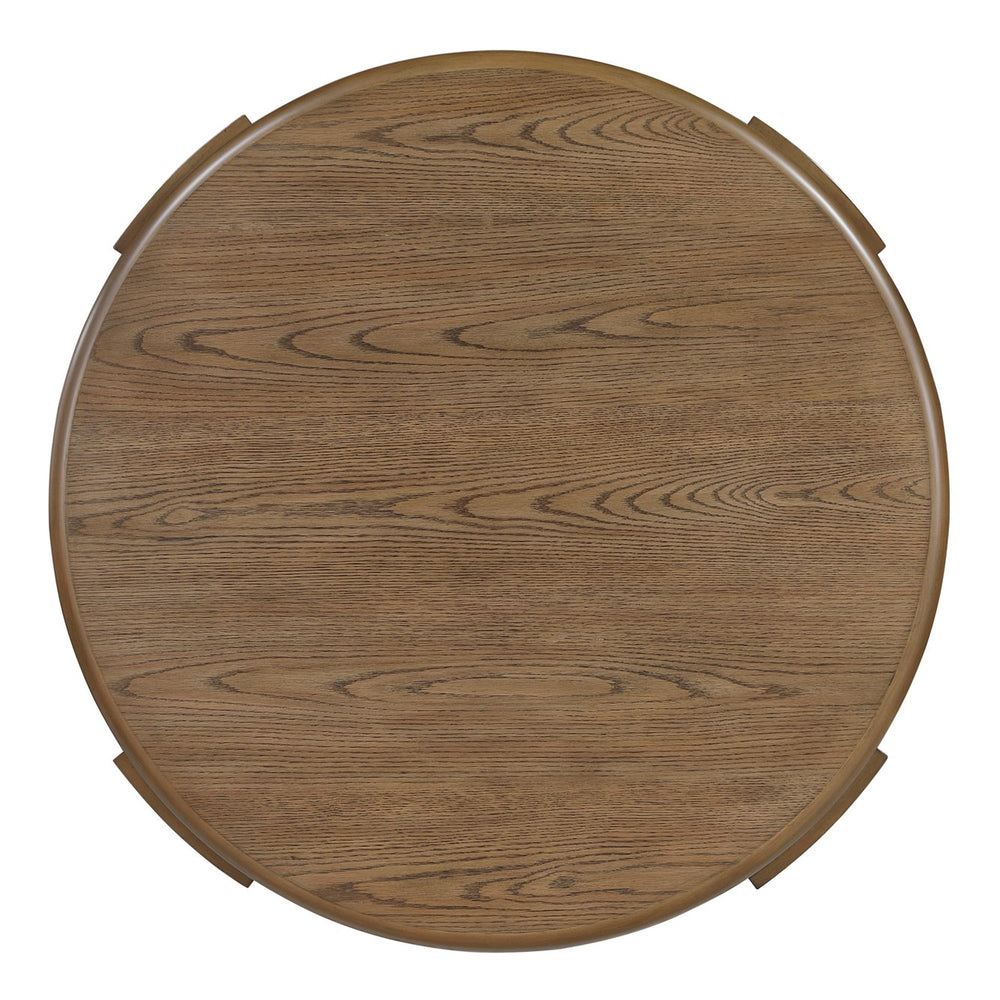 English Elm Brown Round Swivel Top Coffee Table with Oak Veneer, Open Shelf & Casters for Stylish Living Brown 41 L x 41 W x 10 H B011P351964