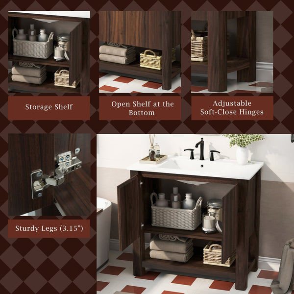 English Elm Christopher Knight Home® - 36" Modern Wall-Mounted Bathroom Vanity with Ceramic Sink, Soft-Close Doors, Fluted Accent & Open Shelves Antique brown N817P245321B