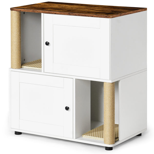 English Elm Double Cat Litter Enclosure Cabinet for Two Cats with Scratching Post, Dual Tray Storage, White Vintage W1687P221394