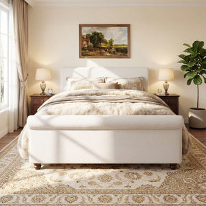 English Elm Queen Linen Upholstered Bed Frame Thick Rolled Headboard Solid Rubberwood Legs Bedroom White N757Q384827W