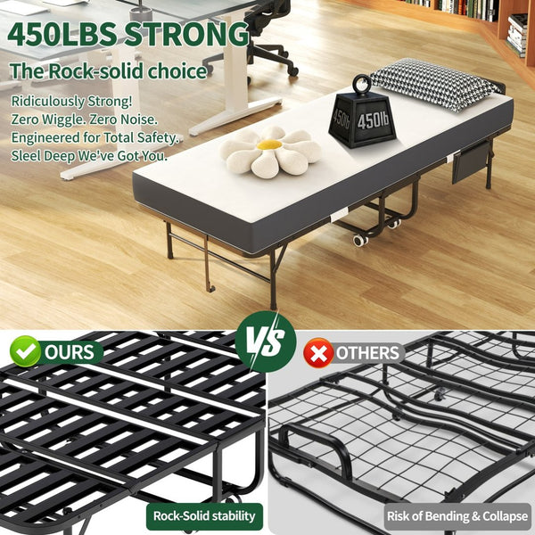 English Elm 75 Inch Rollaway Twin Bed with Memory Foam Mattress Heavy Duty Steel Frame Foldable W2735P425464