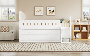 English Elm Wooden Full Bed Frame with Led Headboard Four Storage Drawers and Ladder Shelf White N7090004028K